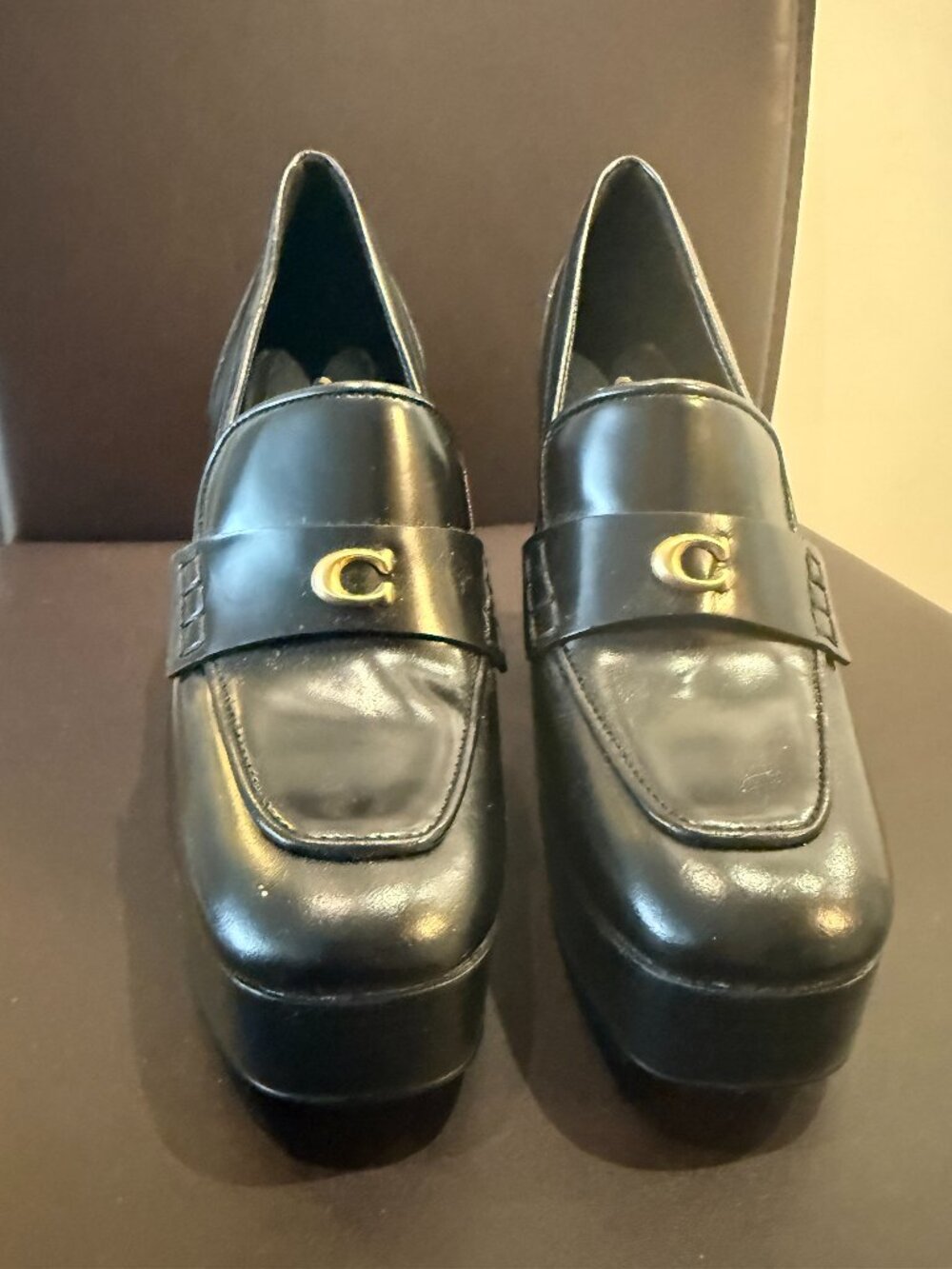 Coach Black Leather Platform Loafers, Size 6.5, Signature C, Chunky Block Heel